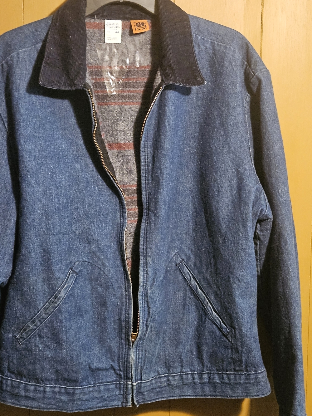 Big Ben By Wrangler VintageMen's Dark Blue Denim Zip Jacket with Corduroy Collar